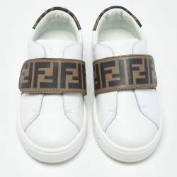 Pre Owned Fendi Brown/White Zucca Leather Logo Strap Sneakers Size 24