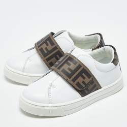 Pre Owned Fendi Brown/White Zucca Leather Logo Strap Sneakers Size 24