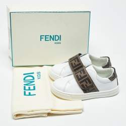 Pre Owned Fendi Brown/White Zucca Leather Logo Strap Sneakers Size 24