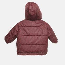 Fendi Kids Dark Red Zucca Monogram Print Synthetic Hooded Down Jacket 3 Yrs