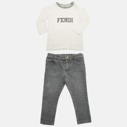 Pre Owned Fend Kids Grey /White Top Cotton & Denim 3 Piece Set 18 Months