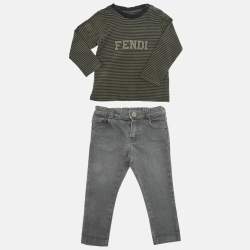 Pre Owned Fend Kids Grey /White Top Cotton & Denim 3 Piece Set 18 Months 