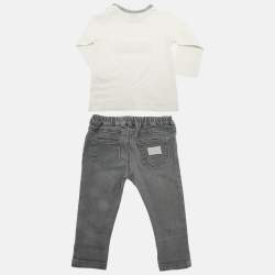 Pre Owned Fend Kids Grey /White Top Cotton & Denim 3 Piece Set 18 Months