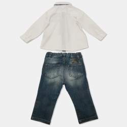 Pre Owned Fendi Kids White/Blue Cotton and Denim 2 Piece Set 9M
