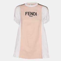 Pre Owned Fendi Kids Pink/White Jersey Logo Embroidered Dress 7 Yrs