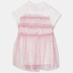 Pre Owned فستان فندي تيل مرقط وردي وحياكة قطنية بيضاء 12 شهرًا