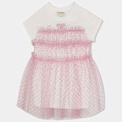 Pre Owned Fendi Pink Dotted Tulle & White Cotton Knit Dress 12 months