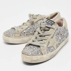 Golden Goose Silver/Grey Glitter and Suede Hi Star Low-Top Sneakers Size 30