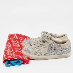 Golden Goose Silver/Grey Glitter and Suede Hi Star Low-Top Sneakers Size 30