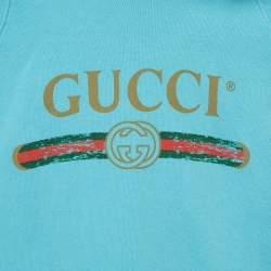 Pre Owned Gucci Kids Blue Logo Print Cotton Distressed Hoodie 6 Yrs