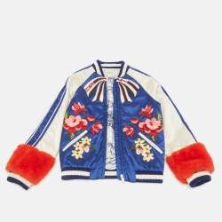 Pre Owned Gucci Kids Blue /White Embroidered Synthetic Faux Fur Trim Bomber Jacker 10 Yrs 