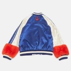 Pre Owned Gucci Kids Blue /White Embroidered Synthetic Faux Fur Trim Bomber Jacker 10 Yrs 