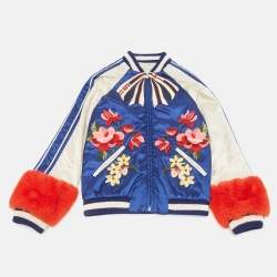 Pre Owned Gucci Kids Blue /White Embroidered Synthetic Faux Fur Trim Bomber Jacker 10 Yrs 