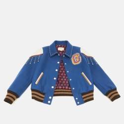 Pre Owned Gucci Kids Blue Embellished Wool Leather Trim Bomber Jacket 10 Yrs 