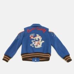 Pre Owned Gucci Kids Blue Embellished Wool Leather Trim Bomber Jacket 10 Yrs 