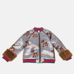 Pre Owned Gucci Kids Multicolor Striped Glitter Faux Fur Trim Bomber Jacket 10Yrs  