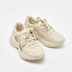 Pre Owned Gucci Cream Leather Kids Rhyton Trainer Sneakers Size 30