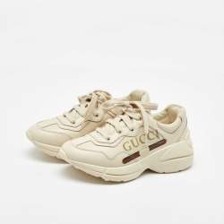 Pre Owned Gucci Cream Leather Kids Rhyton Trainer Sneakers Size 30