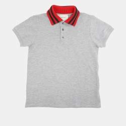 Pre Owned Gucci Grey/Red Web Collar Jersey Polo T-Shirt 8 Yrs