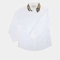 Pre Owned Gucci White Poplin Tiger Embroidered Long Sleeve Shirt 4 Yrs