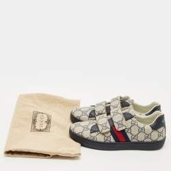 Pre Owned Gucci Grey/Navy Blue GG Supreme Canvas and Leather Web Ace Sneakers Size 32