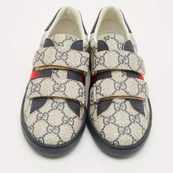 Pre Owned Gucci Grey/Navy Blue GG Supreme Canvas and Leather Web Ace Sneakers Size 32