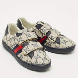 Pre Owned Gucci Grey/Navy Blue GG Supreme Canvas and Leather Web Ace Sneakers Size 32