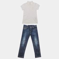 Pre Owned Gucci Kids White/Blue Cotton Polo T-Shirt and Jeans Set 6 Yrs