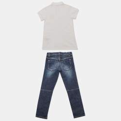 Pre Owned Gucci Kids White/Blue Cotton Polo T-Shirt and Jeans Set 6 Yrs