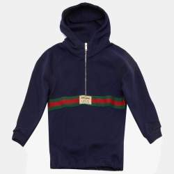 Pre Owned Gucci Kids Navy Blue Cotton Web Striped Hoodie Size 12-18 M