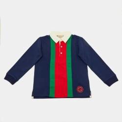 Pre Owned Gucci Kids Navy Blue Web Striped Cotton T-Shirt Size 24 M/2 Yrs
