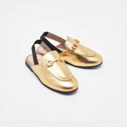 Gucci Gold Leather Kids Princetown Slingback Sandals Size 24