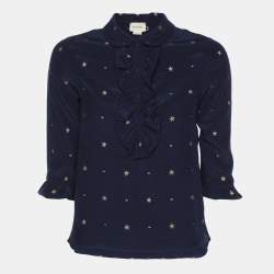 Gucci Navy Blue Silk Star Embroidered Ruffled Blouse 10Y