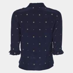 Pre Owned Gucci Navy Blue Silk Star Embroidered Ruffled Blouse 10Y
