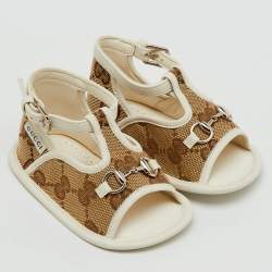 Pre Owned Gucci Beige/White GG Canvas and Leather Horsebit Sandals Size 16