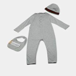 Pre Owned Gucci Kids Grey Web Trim Cotton Onesie Set 18-24M