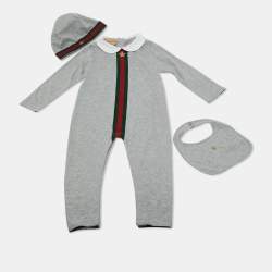 Pre Owned Gucci Kids Grey Web Trim Cotton Onesie Set 18-24M