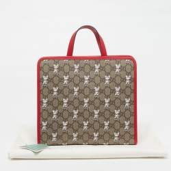 Pre Owned Gucci Beige/Red Cat GG Supreme Canvas and Leather Tote