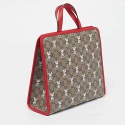 Pre Owned Gucci Beige/Red Cat GG Supreme Canvas and Leather Tote