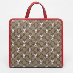 Pre Owned Gucci Beige/Red Cat GG Supreme Canvas and Leather Tote