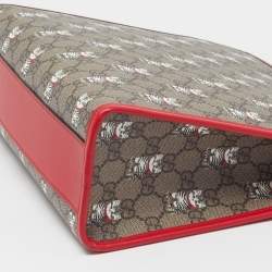 Pre Owned Gucci Beige/Red Cat GG Supreme Canvas and Leather Tote