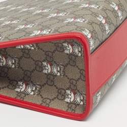 Pre Owned Gucci Beige/Red Cat GG Supreme Canvas and Leather Tote