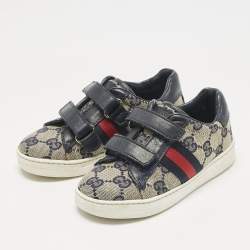 Pre Owned Gucci Blue/Beige GG Canvas and Leather Low Top Sneakers Size 25