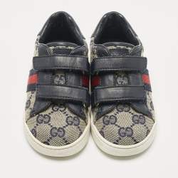 Pre Owned Gucci Blue/Beige GG Canvas and Leather Low Top Sneakers Size 25