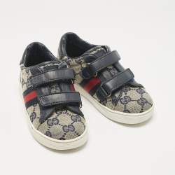 Pre Owned Gucci Blue/Beige GG Canvas and Leather Low Top Sneakers Size 25