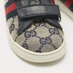 Pre Owned Gucci Blue/Beige GG Canvas and Leather Low Top Sneakers Size 25