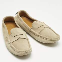 Pre Owned Gucci Beige Suede Web Driver Loafers Size 36