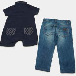 Pre Owned ست غوتشي قطن أزرق ودنيم للأطفال مع بيس 6/9 شهور و 9/12 شهور