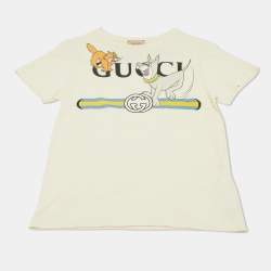 Pre Owned Gucci Kids Cream Logo Cartoon Print Jersey T-Shirt 10Yrs