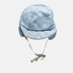 Pre Owned قبعة غوتشي قطنية كانفاس زرقاء للأطفال مع أغطية الأذن صغيرة